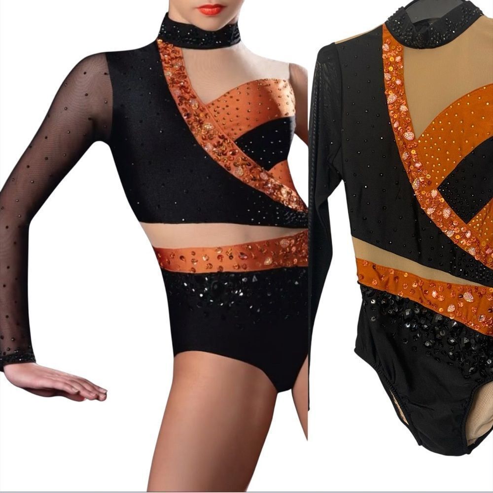 Glamour Solo Dance Costume Orange Black One Sleeve Rhinestones Ma Medium Adult